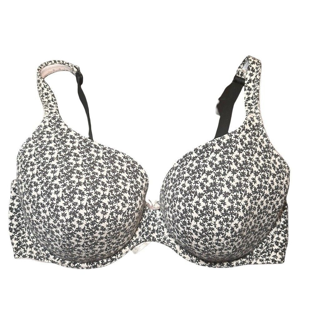 Cacique Cotton Lightly Lined T-Shirt Bra Black White Floral 40DD